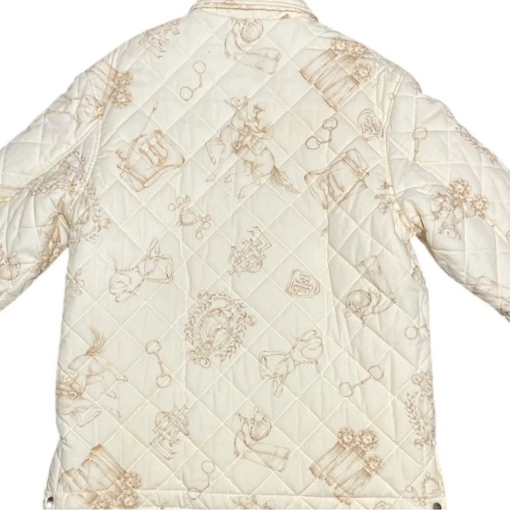 Lauren Ralph Lauren Quilted Cream Equestrian Print Button Utility Jacket Medium
